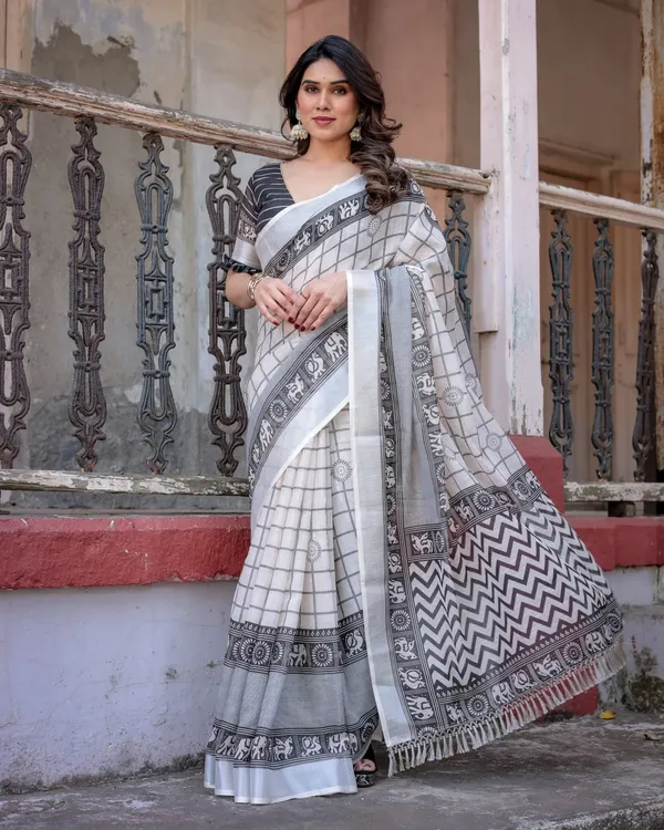 White_&_Grey_Linen_Cotton_Elephant_Border_Saree_For_Women