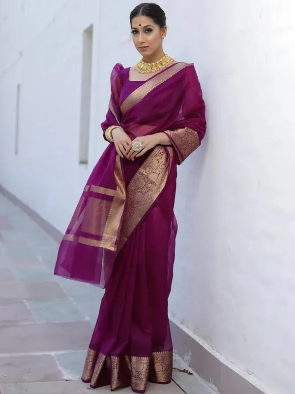 Wine_Organza_Zari_Border_Saree_For_Women