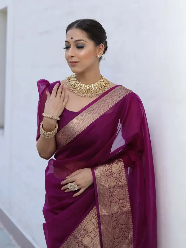 Wine_Organza_Zari_Border_Saree_For_Women