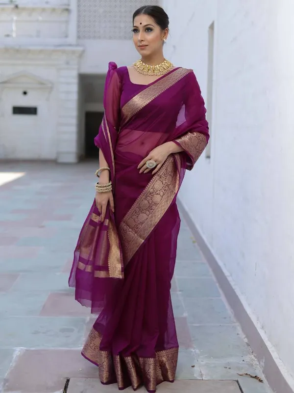 Wine_Organza_Zari_Border_Saree_For_Women