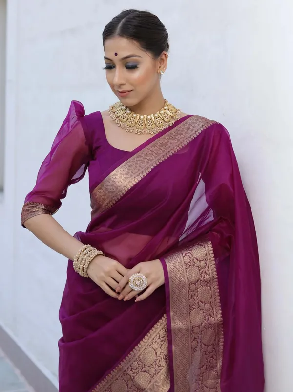 Wine_Organza_Zari_Border_Saree_For_Women