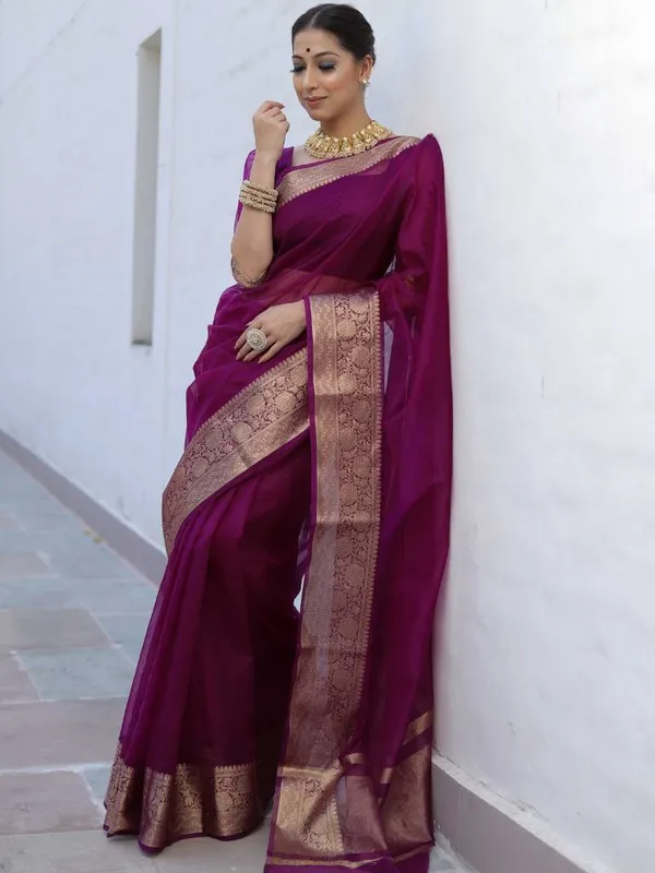 Wine_Organza_Zari_Border_Saree_For_Women