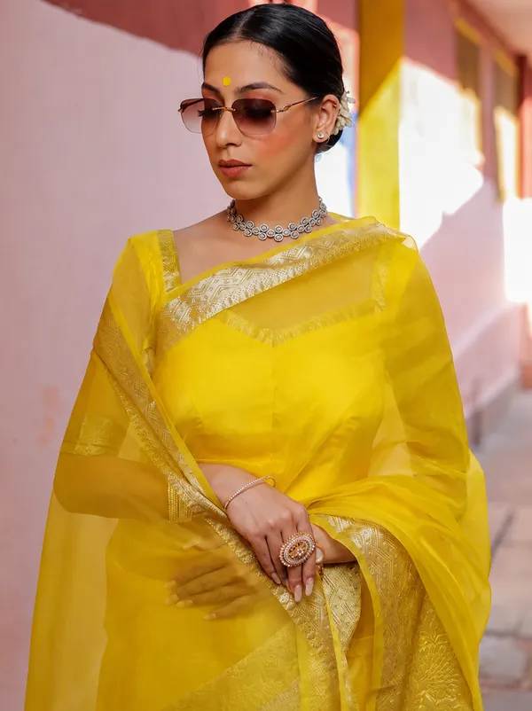 Yellow_Organza_Zari_Border_Saree_For_Women
