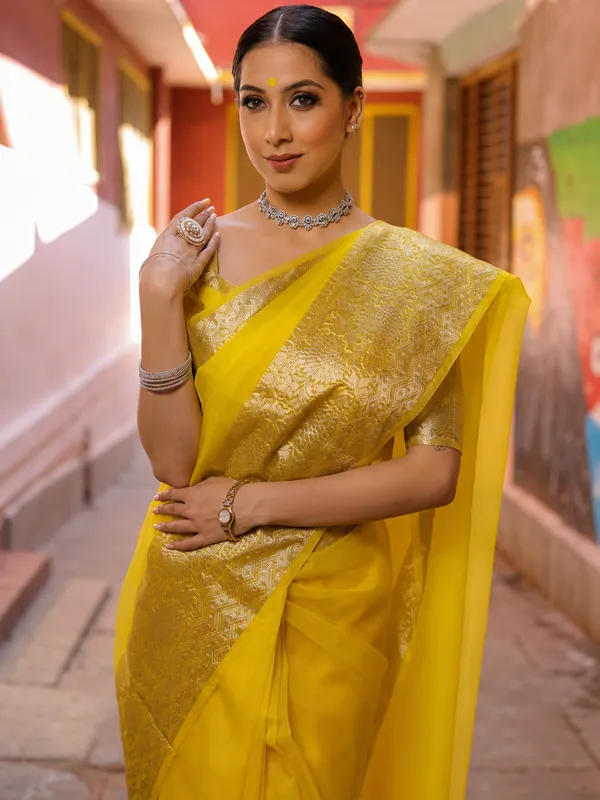 Yellow_Organza_Zari_Border_Saree_For_Women