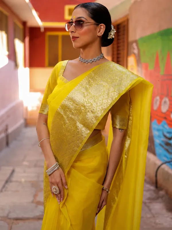 Yellow_Organza_Zari_Border_Saree_For_Women