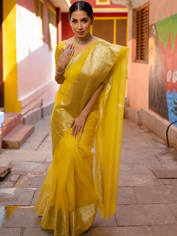 Yellow_Organza_Zari_Border_Saree_For_Women