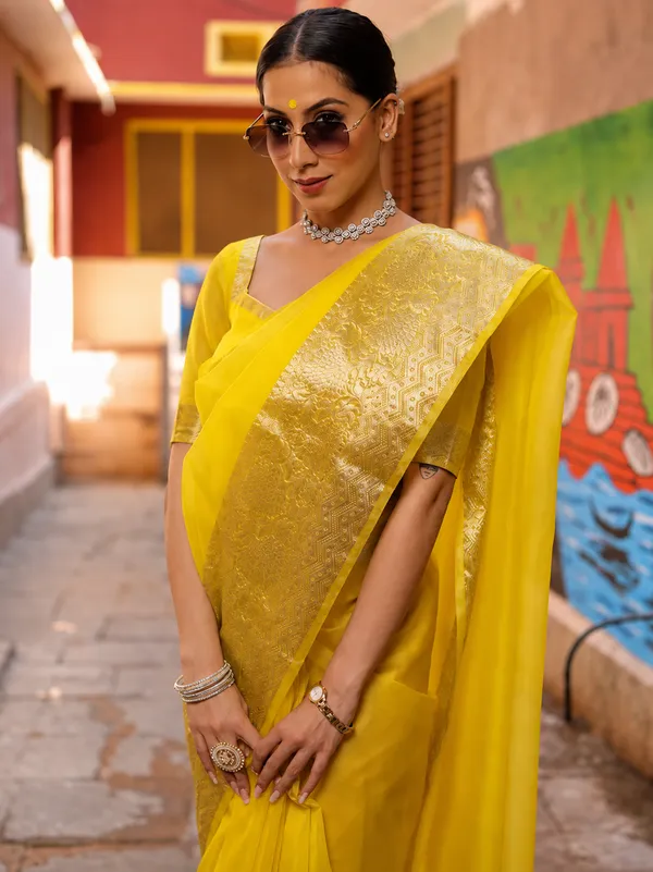 Yellow_Organza_Zari_Border_Saree_For_Women