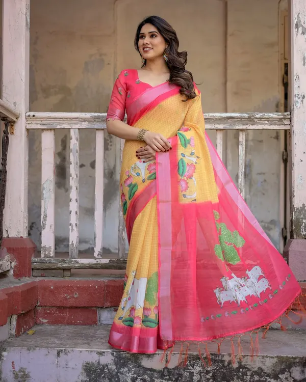 Yellow_&_Pink_Linen_Cotton_Floral_Printed_Saree_For_Women