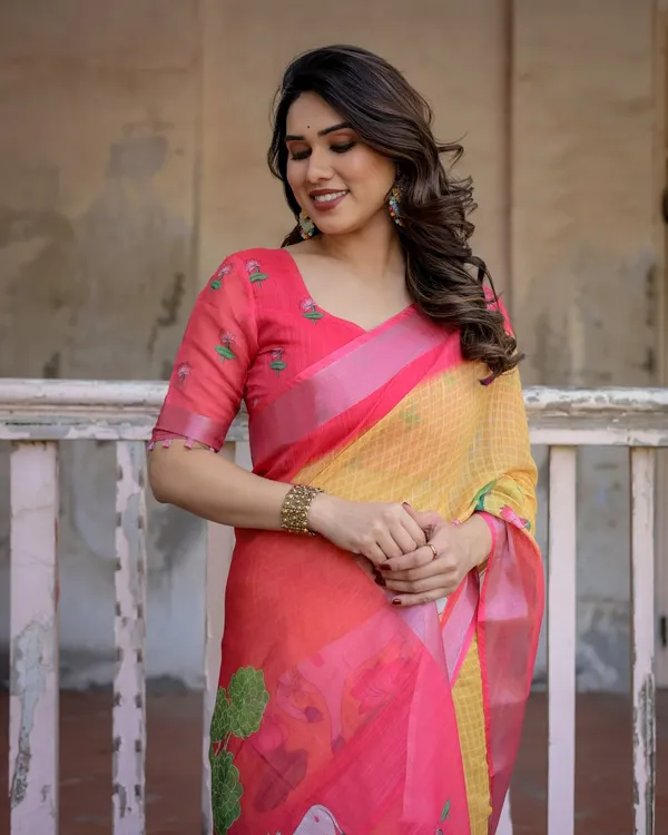 Yellow_&_Pink_Linen_Cotton_Floral_Printed_Saree_For_Women