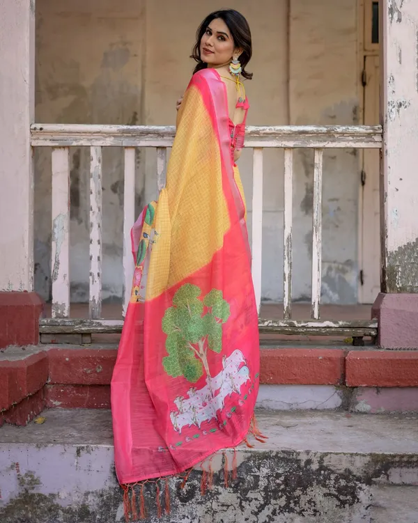 Yellow_&_Pink_Linen_Cotton_Floral_Printed_Saree_For_Women