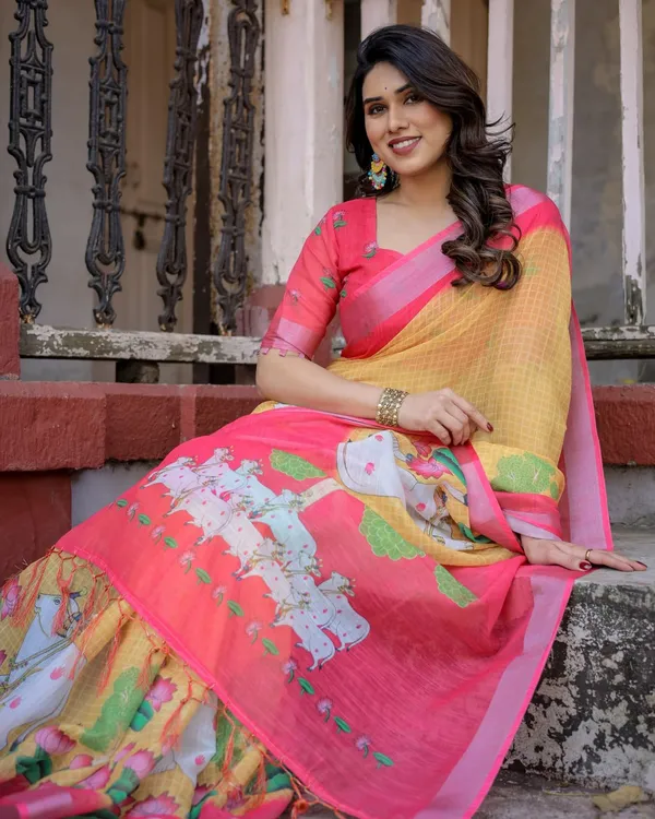 Yellow_&_Pink_Linen_Cotton_Saree_with_Floral_Print