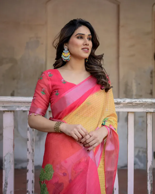Yellow_&_Pink_Linen_Cotton_Saree_with_Floral_Print