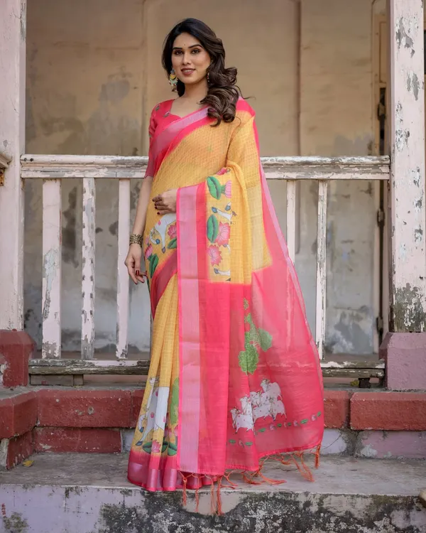 Yellow_&_Pink_Linen_Cotton_Floral_Printed_Saree_For_Women