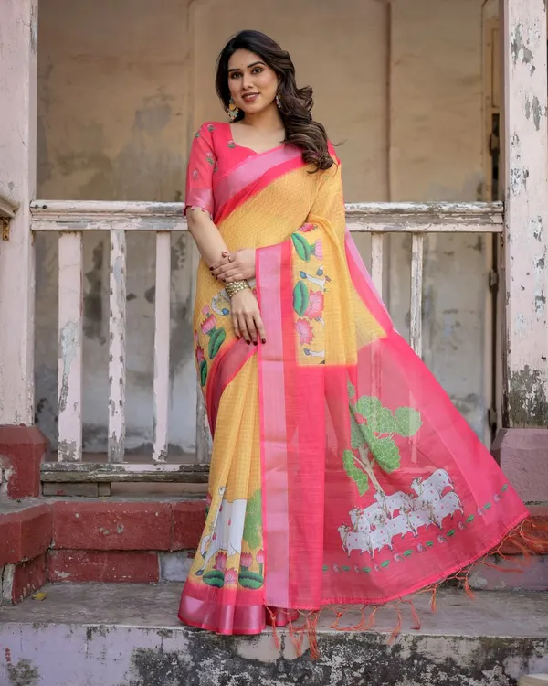 Yellow_&_Pink_Linen_Cotton_Floral_Printed_Saree_For_Women