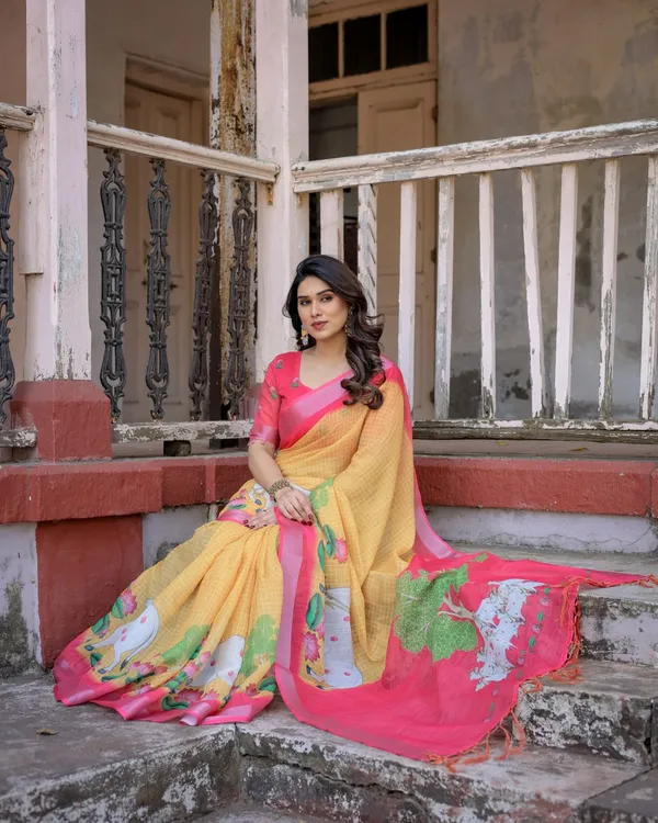 Yellow_&_Pink_Linen_Cotton_Saree_with_Floral_Print
