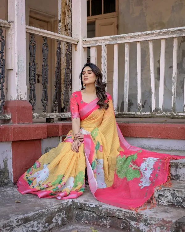 Yellow_&_Pink_Linen_Cotton_Saree_with_Floral_Print