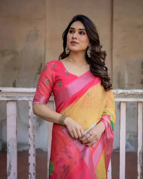 Yellow_&_Pink_Linen_Cotton_Floral_Printed_Saree_For_Women