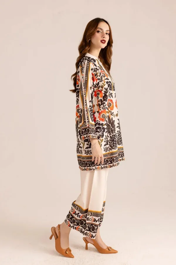 Brown_Cotton_Slub_Floral_Printed_Kurta_Palazzo_Co-Ord_Set_For_Women