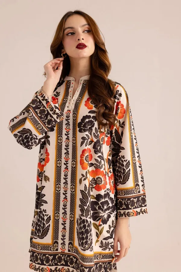 Brown_Cotton_Slub_Floral_Printed_Kurta_Palazzo_Co-Ord_Set_For_Women