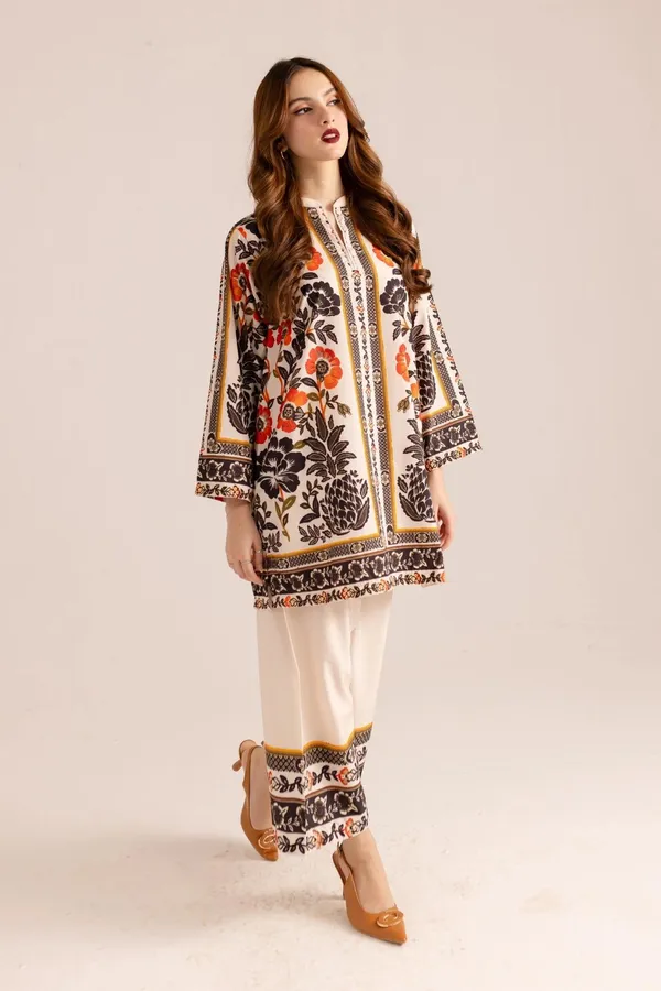 Brown_Cotton_Slub_Floral_Printed_Kurta_Palazzo_Co-Ord_Set_For_Women