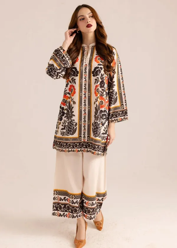 Brown_Cotton_Slub_Floral_Printed_Kurta_Palazzo_Co-Ord_Set_For_Women