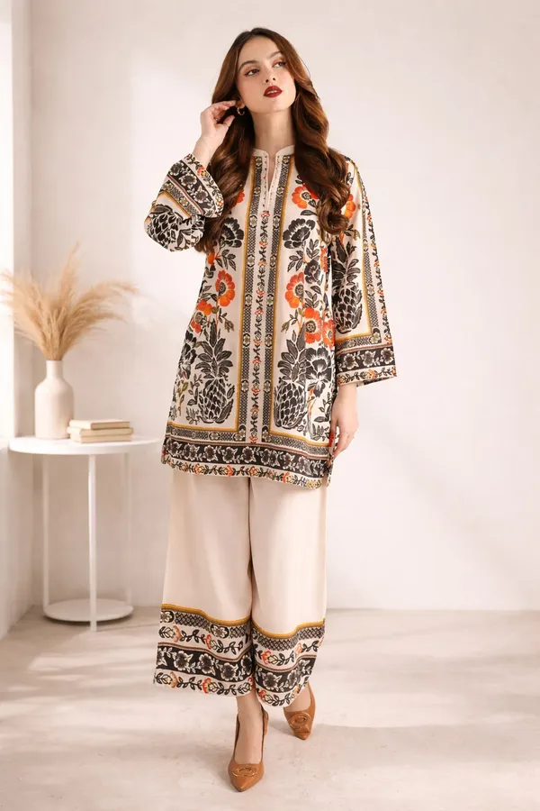 Brown_Cotton_Slub_Floral_Printed_Kurta_Palazzo_Co-Ord_Set_For_Women