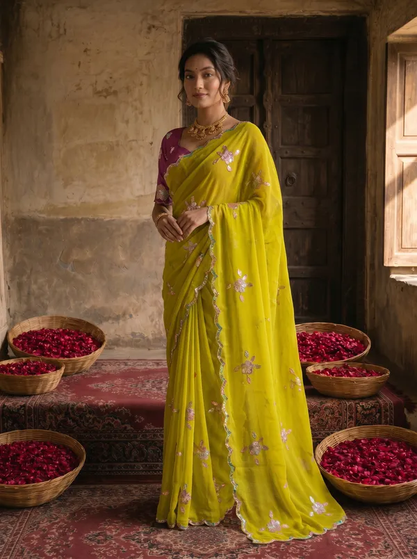 Lime_Yellow_Georgette_Embroidered_Saree_with_Floral_Sequin_Work_&_Contrast_Magenta_Blouse