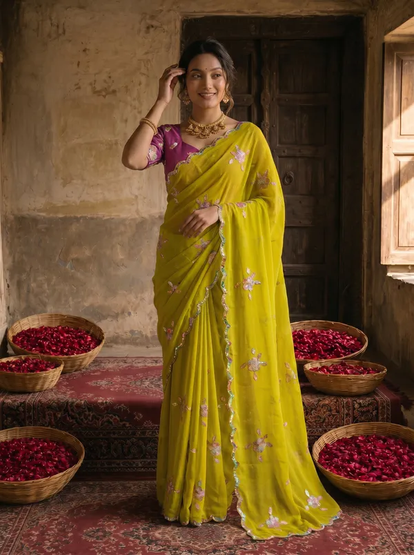 Lime_Yellow_Georgette_Embroidered_Saree_with_Floral_Sequin_Work_&_Contrast_Magenta_Blouse