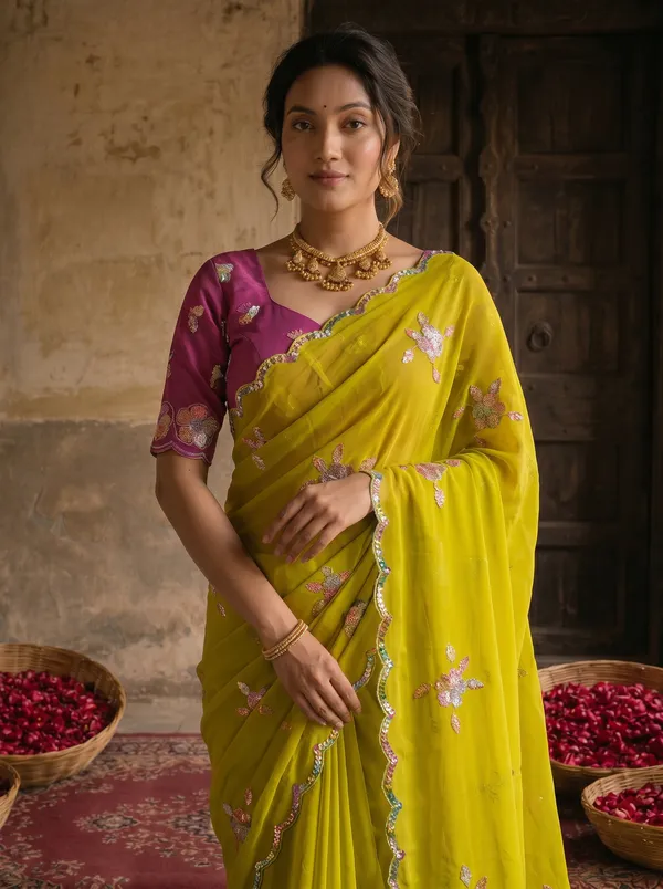Lime_Yellow_Georgette_Embroidered_Saree_with_Floral_Sequin_Work_&_Contrast_Magenta_Blouse
