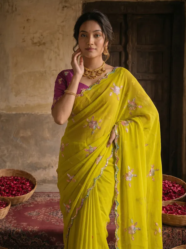 Lime_Yellow_Georgette_Embroidered_Saree_with_Floral_Sequin_Work_&_Contrast_Magenta_Blouse