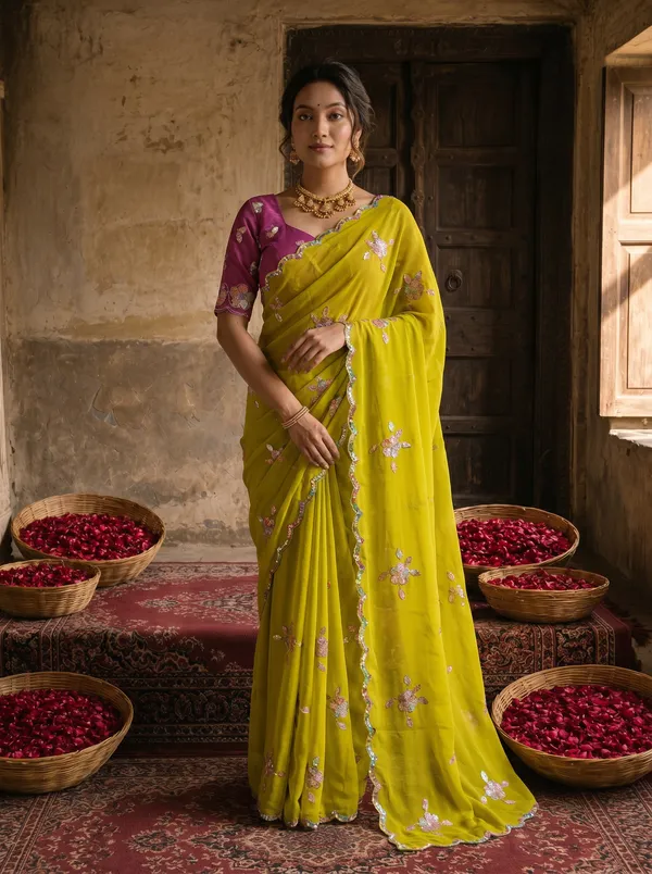 Lime_Yellow_Georgette_Embroidered_Saree_with_Floral_Sequin_Work_&_Contrast_Magenta_Blouse