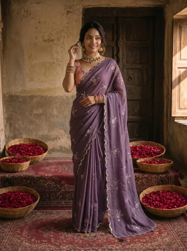 Dusty_Lavender_Georgette_Embroidered_Saree_with_Floral_Sequin_Work_&_Peach_Designer_Blouse