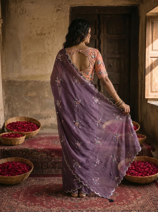 Dusty_Lavender_Georgette_Embroidered_Saree_with_Floral_Sequin_Work_&_Peach_Designer_Blouse