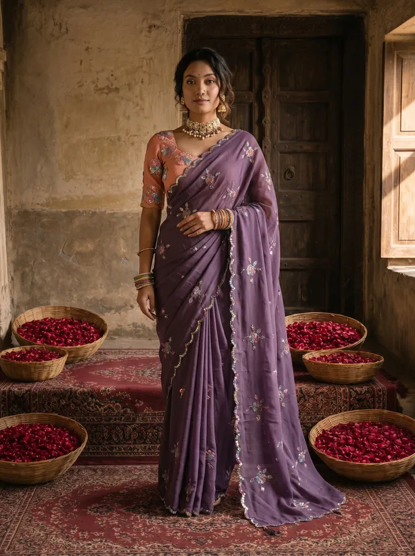 Dusty_Lavender_Georgette_Embroidered_Saree_with_Floral_Sequin_Work_&_Peach_Designer_Blouse