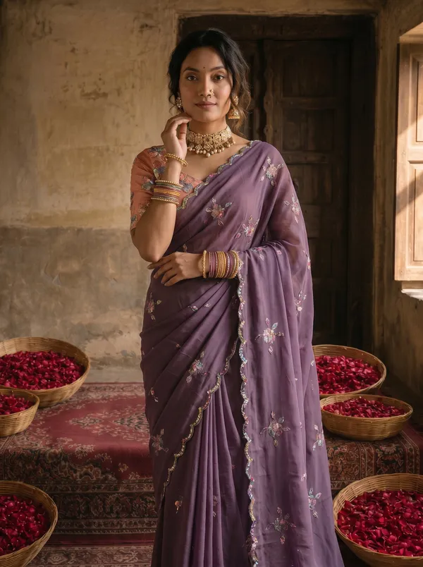 Dusty_Lavender_Georgette_Embroidered_Saree_with_Floral_Sequin_Work_&_Peach_Designer_Blouse
