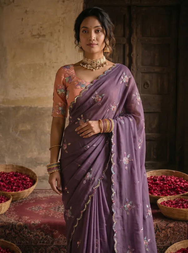 Dusty_Lavender_Georgette_Embroidered_Saree_with_Floral_Sequin_Work_&_Peach_Designer_Blouse
