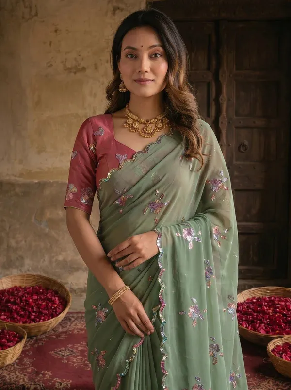 Sage_Green_Georgette_Floral_Sequin_Embroidered_Saree_For_Women