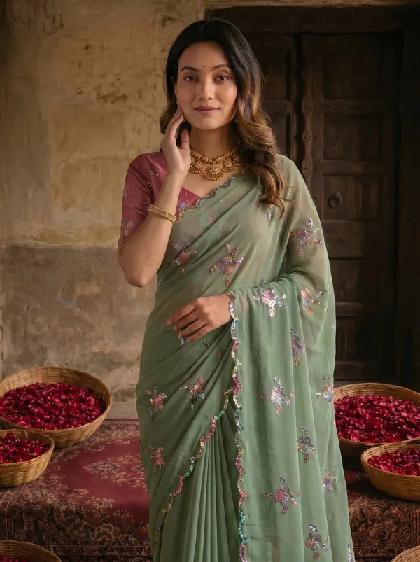 Sage_Green_Georgette_Floral_Sequin_Embroidered_Saree_For_Women