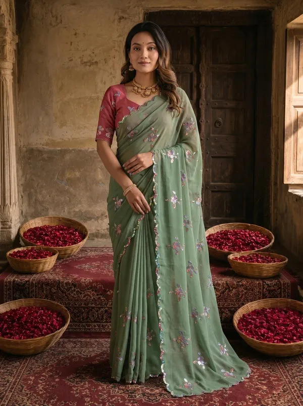 Sage_Green_Georgette_Floral_Sequin_Embroidered_Saree_For_Women