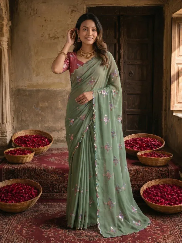 Sage_Green_Georgette_Floral_Sequin_Embroidered_Saree_For_Women