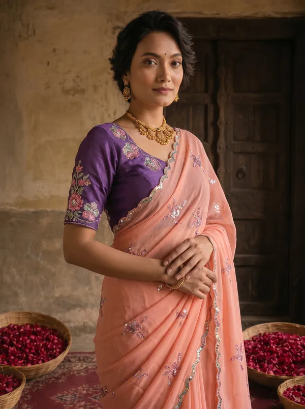 Peach_Pink_Georgette_Embroidered_Saree_with_Floral_Sequin_Work_&_Contrast_Purple_Blouse