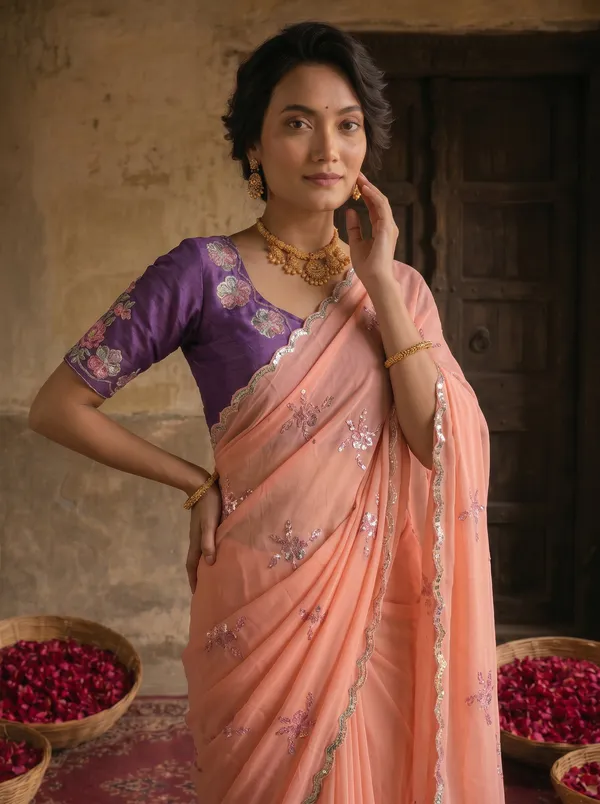 Peach_Pink_Georgette_Embroidered_Saree_with_Floral_Sequin_Work_&_Contrast_Purple_Blouse