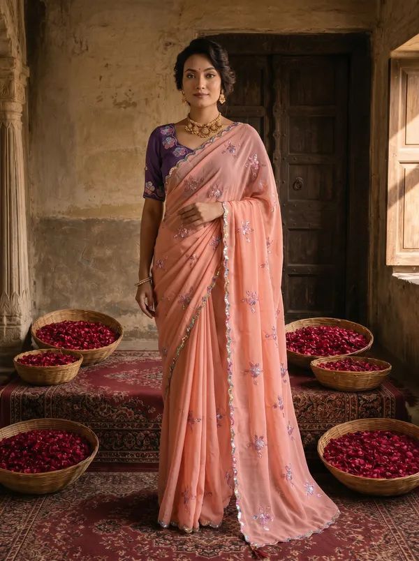 Peach_Pink_Georgette_Embroidered_Saree_with_Floral_Sequin_Work_&_Contrast_Purple_Blouse