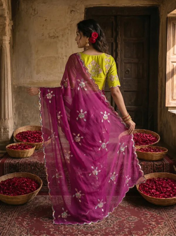 Magenta_Purple_Georgette_Embroidered_Saree_with_Floral_Sequin_Work_&_Contrast_Lime_Green_Blouse