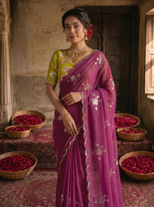 Magenta_Purple_Georgette_Embroidered_Saree_with_Floral_Sequin_Work_&_Contrast_Lime_Green_Blouse