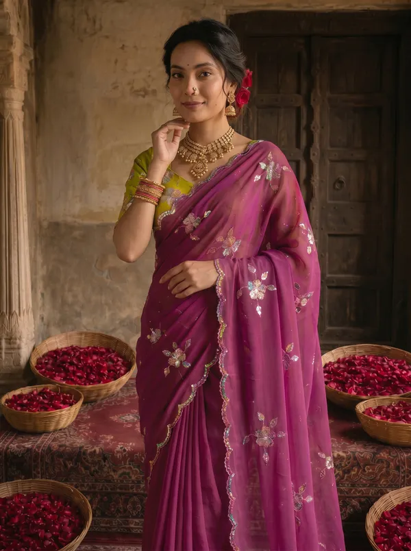 Magenta_Purple_Georgette_Embroidered_Saree_with_Floral_Sequin_Work_&_Contrast_Lime_Green_Blouse