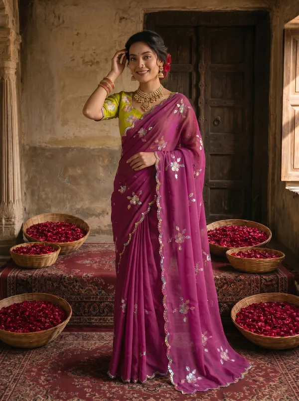 Magenta_Purple_Georgette_Embroidered_Saree_with_Floral_Sequin_Work_&_Contrast_Lime_Green_Blouse