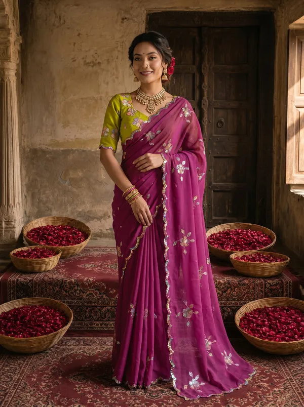 Magenta_Purple_Georgette_Embroidered_Saree_with_Floral_Sequin_Work_&_Contrast_Lime_Green_Blouse