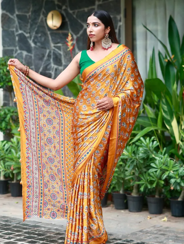 Mustard_Gold_Pure_Modal_Silk_Saree_with_Ajrakh_Inspired_Floral_Print_&_Heritage_Designer_Pallu