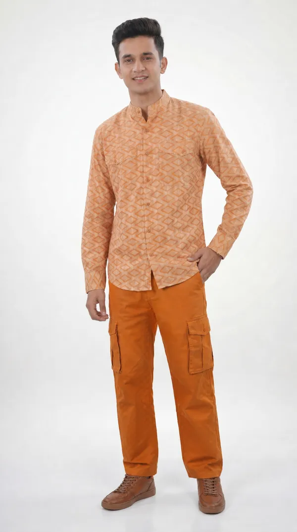 Brown_And_Orange_Cotton_Mandarin_Collar_Geometric_Print_Shirt_Pant_Set_For_Men